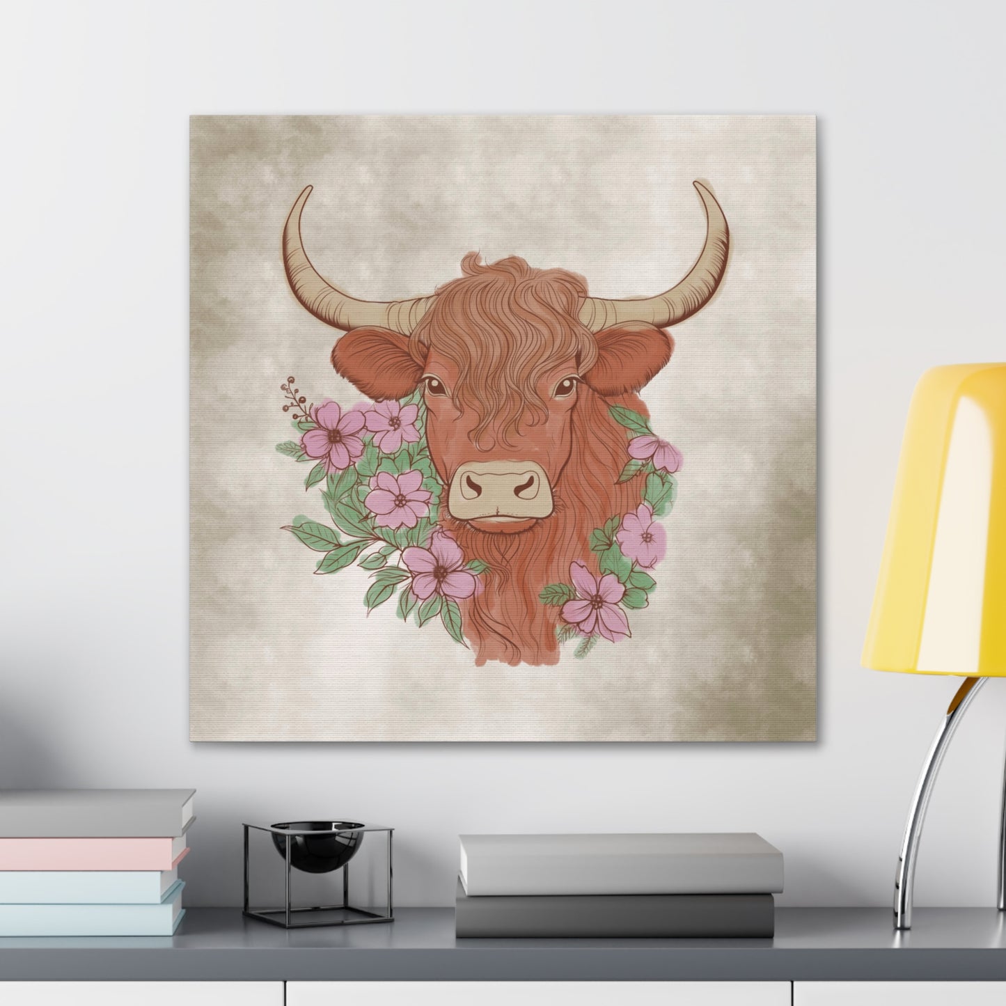 Floral Watercolor Highland Cow Canvas Art Print