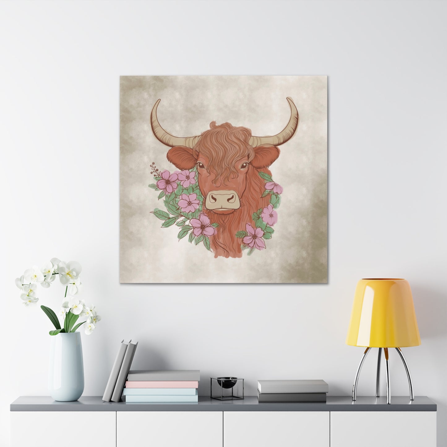 Floral Watercolor Highland Cow Canvas Art Print