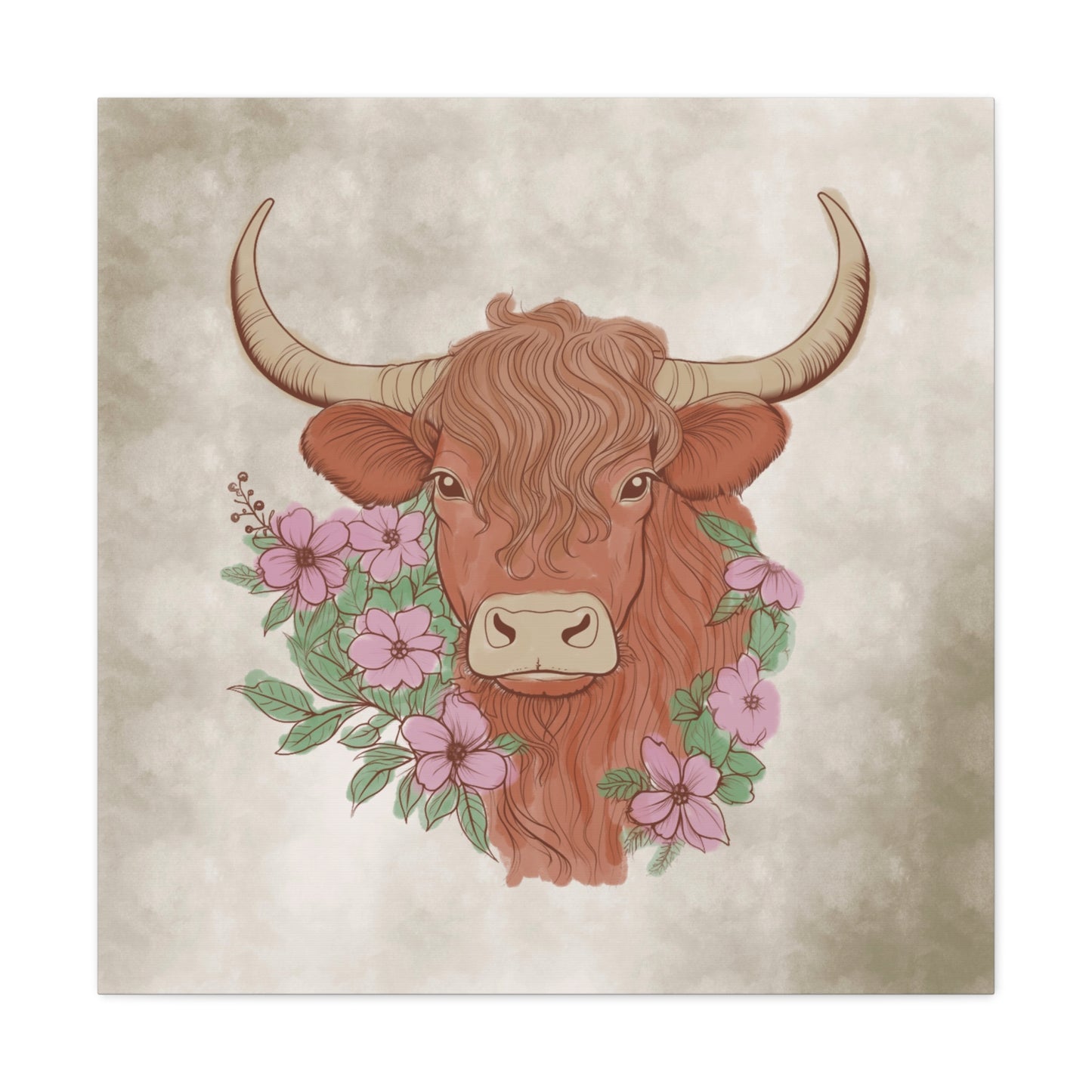 Floral Watercolor Highland Cow Canvas Art Print