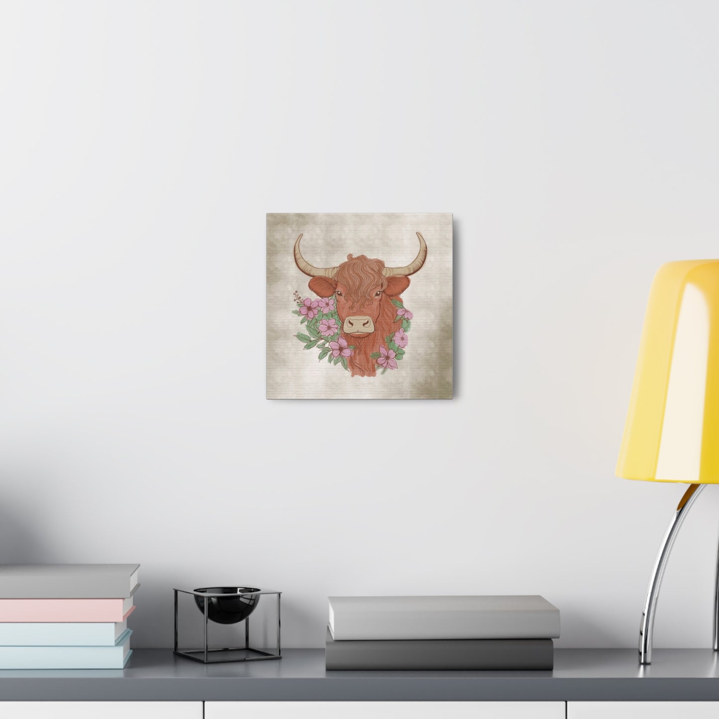 Floral Watercolor Highland Cow Canvas Art Print