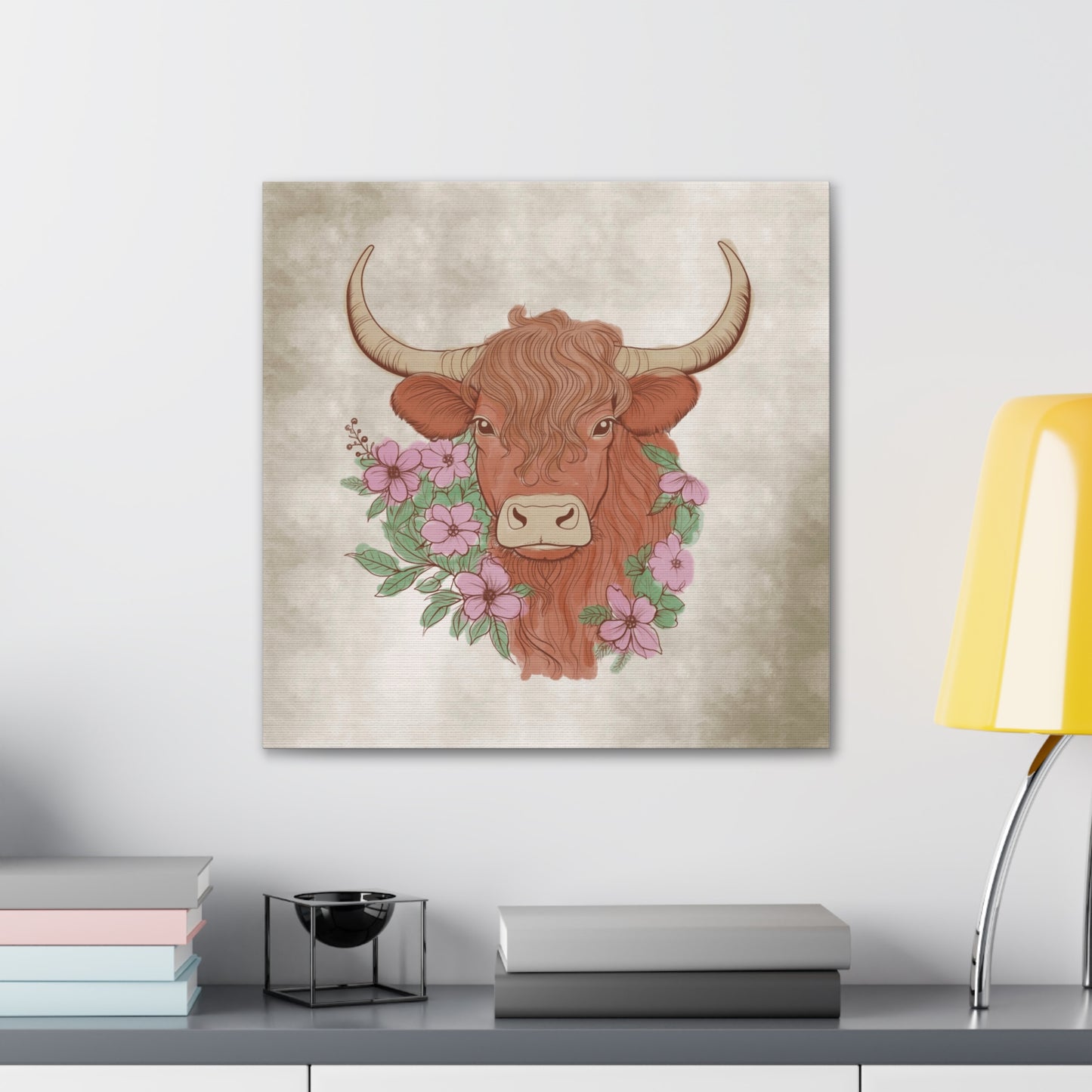 Floral Watercolor Highland Cow Canvas Art Print