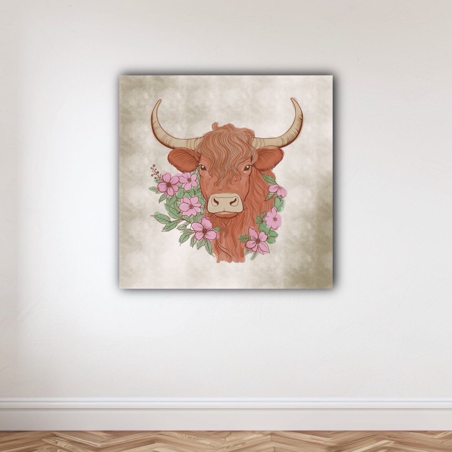 Floral Watercolor Highland Cow Canvas Art Print