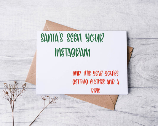 Santa's Seen Your Instagram You're Getting Clothes and a Bible Greeting Card