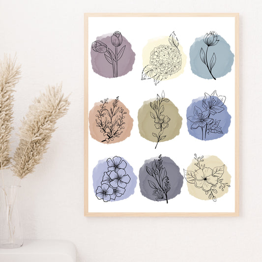 Nine Watercolor Florals Art Print