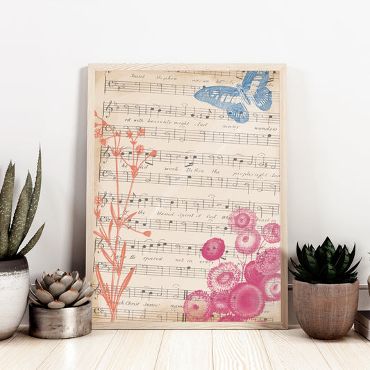 Vintage Floral Worn Paper Music Score Art Print