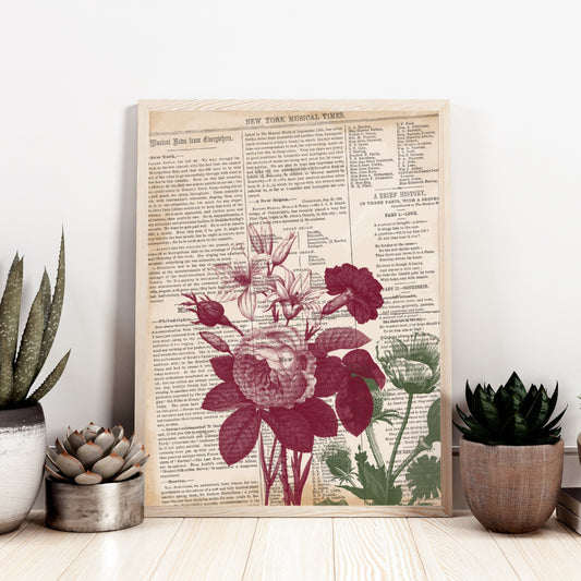 Vintage Floral Worn Newspaper Art Print